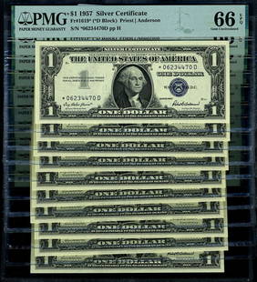 1957 $1 Silver Certificate D Block PMG CU66 EPQ Gem Note: 1957 $1 Silver Certificate D Block PMG CU66 EPQ Gem Note This 1957 $1 Silver Certificate is graded CU66 EPQ Gem by PMG, indicating its exceptional quality. It features the distinctive D Block designat