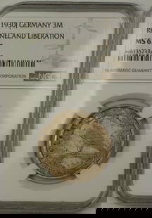 1930 Germany Rhineland Liberation Silver Coin NGC MS62: 1930 Germany Rhineland Liberation Silver Coin NGC MS62 This is a 1930 Germany Rhineland Liberation Three Marks silver coin, certified by NGC with a grade of MS 62, indicating an uncirculated condition