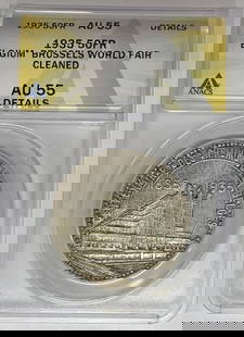 1935 Belgium 50 Francs Silver Coin ANACS AU 55 World Fair: 1935 Belgium 50 Francs Silver Coin ANACS AU 55 World Fair This 1935 Belgium 50 Francs coin commemorates the World Fair and is composed of silver. It has been graded AU 55 by ANACS, indicating its high