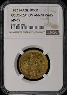 1932 Brazil 1000 Reis Coin NGC MS65 Uncirculated Anniversary: 1932 Brazil 1000 Reis Coin NGC MS65 Uncirculated Anniversary This stunning 1932 Brazil Colonization Anniversary 1000 Reis coin is certified by NGC with a grade of MS65, indicating its exceptional cond