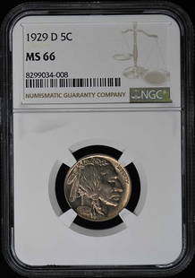 1929-D Buffalo Nickel NGC MS66 Uncirculated Coin: 1929-D Buffalo Nickel NGC MS66 Uncirculated Coin This 1929-D Buffalo Nickel, certified by NGC with a grade of MS66, showcases an uncirculated condition, indicating its pristine quality. Minted in Denv