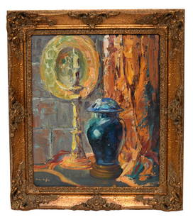 Helen Hafer Table Scene Framed Oil Painting 27 x 31 California Artist OOAK: Helen Hafer Table Scene Framed Oil Painting 27 x 31 California Artist OOAK This captivating painting titled 'Table Scene' by Helen Hafer showcases the artist's talent for depicting California landscap