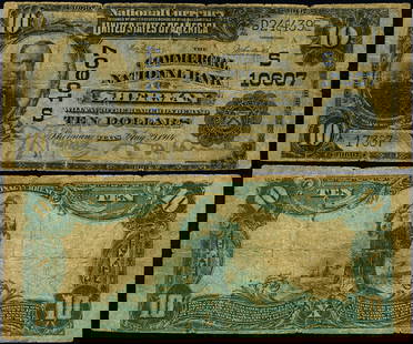 1902 $10 National Bank Note Sherman TX Ch #10607 VG Circulated: 1902 $10 National Bank Note Sherman TX Ch #10607 VG Circulated This 1902 $10 National Bank Note from Sherman, Texas, is a remarkable piece of history. Graded as VG (Very Good), this circulated note sh
