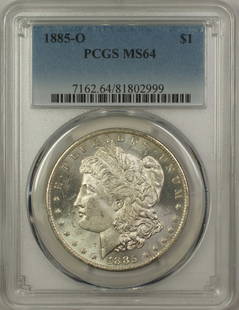 1885-O Morgan Silver Dollar PCGS MS-64 Uncirculated Silver Coin: 1885-O Morgan Silver Dollar PCGS MS-64 Uncirculated Silver Coin This 1885-O Morgan Silver Dollar is a stunning piece, graded MS-64 by PCGS, showcasing its uncirculated condition. Minted in New Orleans