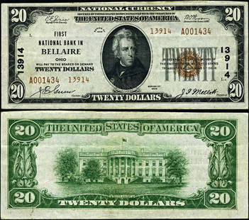 1929 T-2 $20 National Bank Note First National Bank Bellaire Ohio XF: 1929 T-2 $20 National Bank Note First National Bank Bellaire Ohio XF This $20 National Bank Note from the First National Bank of Bellaire, Ohio, features a 1929 T-2 design. It is graded as Extremely F