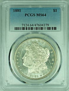 1881 Morgan Silver Dollar Proof-Like PCGS MS 64 Uncirculated: 1881 Morgan Silver Dollar Proof-Like PCGS MS 64 Uncirculated This 1881 Morgan Silver Dollar features a stunning Proof-Like strike and has been graded as MS 64 by PCGS. The coin, made of high-quality s
