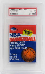1986 Fleer Basketball Wax Pack PSA 8 with Dominique Wilkins Sticker: 1986 Fleer Basketball Wax Pack PSA 8 with Dominique Wilkins Sticker Discover a piece of basketball history with this 1986 Fleer Basketball Wax Pack, graded PSA 8. This unopened original wax pack conta