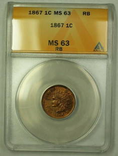 1867 Indian Head Cent ANACS MS 63RB Woodgrain Toning: 1867 Indian Head Cent ANACS MS 63RB Woodgrain Toning This stunning 1867 Indian Head Cent features beautiful woodgrain toning, showcasing its unique character. Certified by ANACS, this coin is graded M