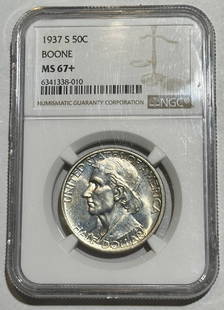 1937 S Daniel Boone Commemorative Silver Dollar NGC MS 67+: 1937 S Daniel Boone Commemorative Silver Dollar NGC MS 67+ This 1937 S Commemorative Daniel Boone coin is an exquisite piece of numismatic history, graded MS 67+ by NGC. Struck in silver, it showcases