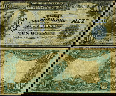 1902 PB $10 National Bank Note Tyrone PA Fine Grade: 1902 PB $10 National Bank Note Tyrone PA Fine Grade This $10 National Bank Note from Tyrone, Pennsylvania, was issued in 1902 and is classified as a Fine grade. It is a circulated piece, showcasing th