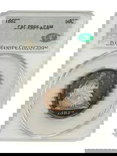 1882 Liberty Seated Half Dollar PR66+CAM CACG Certified Rare Proof: 1882 Liberty Seated Half Dollar PR66+CAM CACG Certified Rare Proof This exquisite 1882 Liberty Seated Half Dollar showcases a remarkable cameo effect, enhanced by deep rainbow toning enveloping both s
