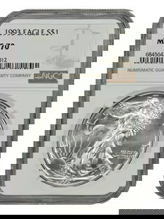1993 $1 Silver Eagle NGC MS70 Uncirculated Coin: 1993 $1 Silver Eagle NGC MS70 Uncirculated Coin This 1993 $1 Silver Eagle is graded as MS70 by NGC, ensuring its uncirculated condition and exceptional quality. This coin, part of the prestigious Silv