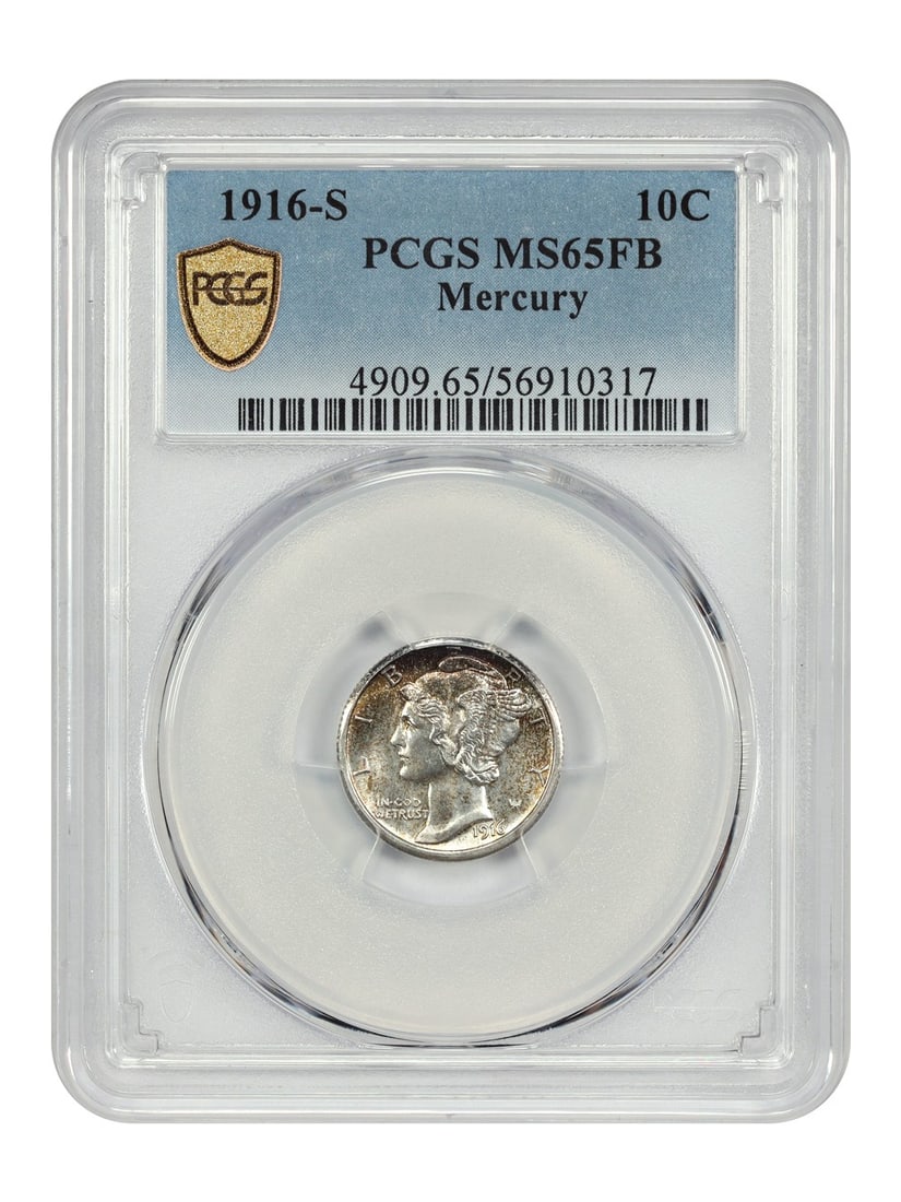1916-S Mercury Dime PCGS MS65FB Uncirculated First Year Issue: 1916-S Mercury Dime PCGS MS65FB Uncirculated First Year Issue This stunning 1916-S Mercury Dime, certified by PCGS with a grade of MS65FB, is a remarkable example from the popular first year of issue.