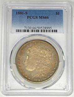 1881-S Morgan Silver Dollar PCGS MS 66 Uncirculated Toned Coin: 1881-S Morgan Silver Dollar PCGS MS 66 Uncirculated Toned Coin This 1881-S Morgan Silver Dollar is a shining example of numismatic excellence, graded MS 66 by PCGS. This uncirculated coin features a b