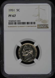 1951 Jefferson Nickel NGC PR67 Proof Uncirculated Philadelphia Mint: 1951 Jefferson Nickel NGC PR67 Proof Uncirculated Philadelphia Mint This 1951 Jefferson Nickel is a stunning example of numismatic artistry, certified by NGC with a remarkable PR67 grade. This uncircu