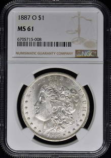 1887-O NGC MS61 Uncirculated Morgan Dollar New Orleans: 1887-O NGC MS61 Uncirculated Morgan Dollar New Orleans This 1887-O Morgan Dollar is an exceptional piece certified by NGC with a grade of MS61. Struck at the New Orleans Mint, this uncirculated coin s