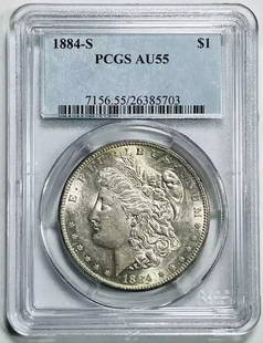 1884 S Morgan Silver Dollar PCGS AU 55 Silver Coin: 1884 S Morgan Silver Dollar PCGS AU 55 Silver Coin This 1884 S Morgan Silver Dollar is a stunning piece of numismatic history, certified by PCGS with a grade of AU 55. Struck in San Francisco, this co