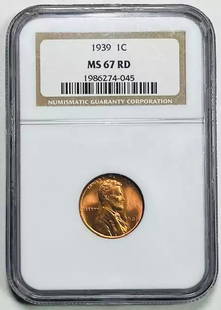 1939 NGC MS67 RD Lincoln Penny Copper Uncirculated: 1939 NGC MS67 RD Lincoln Penny Copper Uncirculated This 1939 Small Cents Lincoln Penny is certified by NGC with a remarkable grade of MS 67 RD, indicating its uncirculated condition and brilliant red