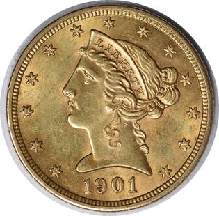 1901-S $5 Gold Liberty Head Coin Brilliant Uncirculated: 1901-S $5 Gold Liberty Head Coin Brilliant Uncirculated This 1901-S $5 Gold Liberty Head coin features a stunning uncirculated condition and is graded as Brilliant Uncirculated (BU). Minted in 1901 at
