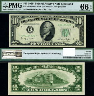 1950 $10 Federal Reserve Note Cleveland D-* Block PMG CU66 EPQ Gem: 1950 $10 Federal Reserve Note Cleveland D-* Block PMG CU66 EPQ Gem This $10 Federal Reserve Note from 1950 features the Cleveland D-* Block and has been graded as CU66 EPQ Gem by PMG, indicating its e