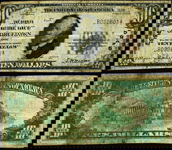 1929 T-1 $10 National Bank Note Peoples NB Georgetown Ohio VF: 1929 T-1 $10 National Bank Note Peoples NB Georgetown Ohio VF This $10 National Bank Note from the Peoples National Bank of Georgetown, Ohio, was issued in 1929 (Type T-1). It is graded as Very Fine (