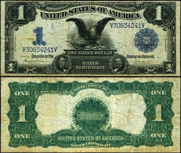 1899 $1 Silver Certificate Circulated VF Uncertified: 1899 $1 Silver Certificate Circulated VF Uncertified This 1899 $1 Silver Certificate is a remarkable piece of currency history, featuring a grade of Very Fine (VF) and in circulated condition. It is a