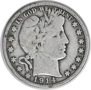 1914 Barber Silver Half Dollar 90% Silver Uncertified Coin: 1914 Barber Silver Half Dollar 90% Silver Uncertified Coin This 1914 Barber Silver Half Dollar is a vintage coin featuring the distinguished design by Charles E. Barber. This piece is in Very Good (VG