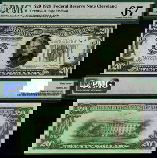 1928 $20 Cleveland Federal Reserve Note PMG CU67 Superb Gem: 1928 $20 Cleveland Federal Reserve Note PMG CU67 Superb Gem This 1928 Federal Reserve Note from the Cleveland district is a remarkable piece for collectors. Graded as CU67 Superb Gem by PMG, this $20