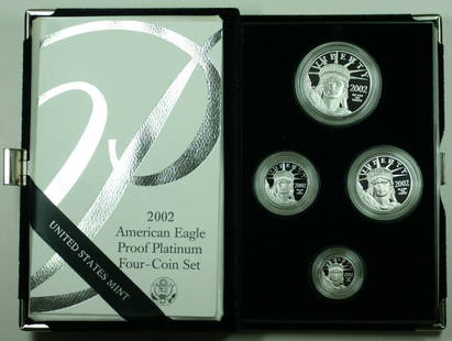 2002 U.S. Mint American Eagle Platinum Proof 4 Coin Set with COA: 2002 U.S. Mint American Eagle Platinum Proof 4 Coin Set with COA This 2002 American Eagle Platinum Proof 4 Coin Set showcases the iconic Statue of Liberty design, expertly minted by the U.S. Mint. Eac