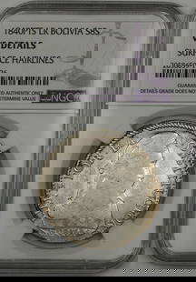 1840 Bolivia 8 Soles Silver Coin NGC VF Details Circulated: 1840 Bolivia 8 Soles Silver Coin NGC VF Details Circulated This 1840 Bolivia 8 Soles silver coin is a noteworthy piece for collectors and enthusiasts alike. Certified by NGC with a grade of VF Details