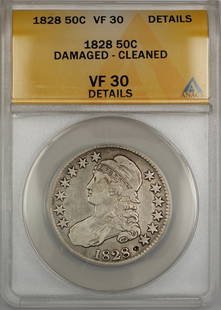 1828 Capped Bust Silver Half Dollar ANACS VF-30 Details: 1828 Capped Bust Silver Half Dollar ANACS VF-30 Details This 1828 Capped Bust Silver Half Dollar coin is a remarkable piece of numismatic history, certified by ANACS with a grade of VF-30 Details. Str
