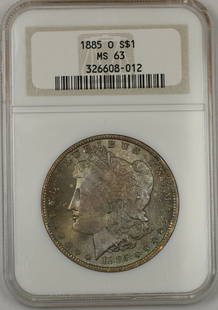 1885-O Morgan Silver Dollar NGC MS 63 Uncirculated Toned Coin: 1885-O Morgan Silver Dollar NGC MS 63 Uncirculated Toned Coin This 1885-O Morgan Silver Dollar showcases a brilliant uncirculated condition with a grade of MS 63 certified by NGC. Minted in New Orlean