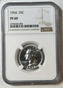 1954 P Washington Quarter NGC PF 69 Silver Proof Coin: 1954 P Washington Quarter NGC PF 69 Silver Proof Coin This 1954 P Washington Quarter is certified by NGC with a grade of PF 69, indicating its exceptional quality. The coin is composed of silver and f