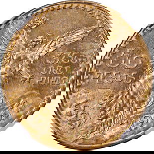 1947 Mexico Gold 50 Peso Restrike NGC MS65 Exceptional Quality: 1947 Mexico Gold 50 Peso Restrike NGC MS65 Exceptional Quality This stunning 1947 Mexico Gold 50 Peso Restrike showcases exceptional eye appeal and a strong strike, making it a remarkable addition to