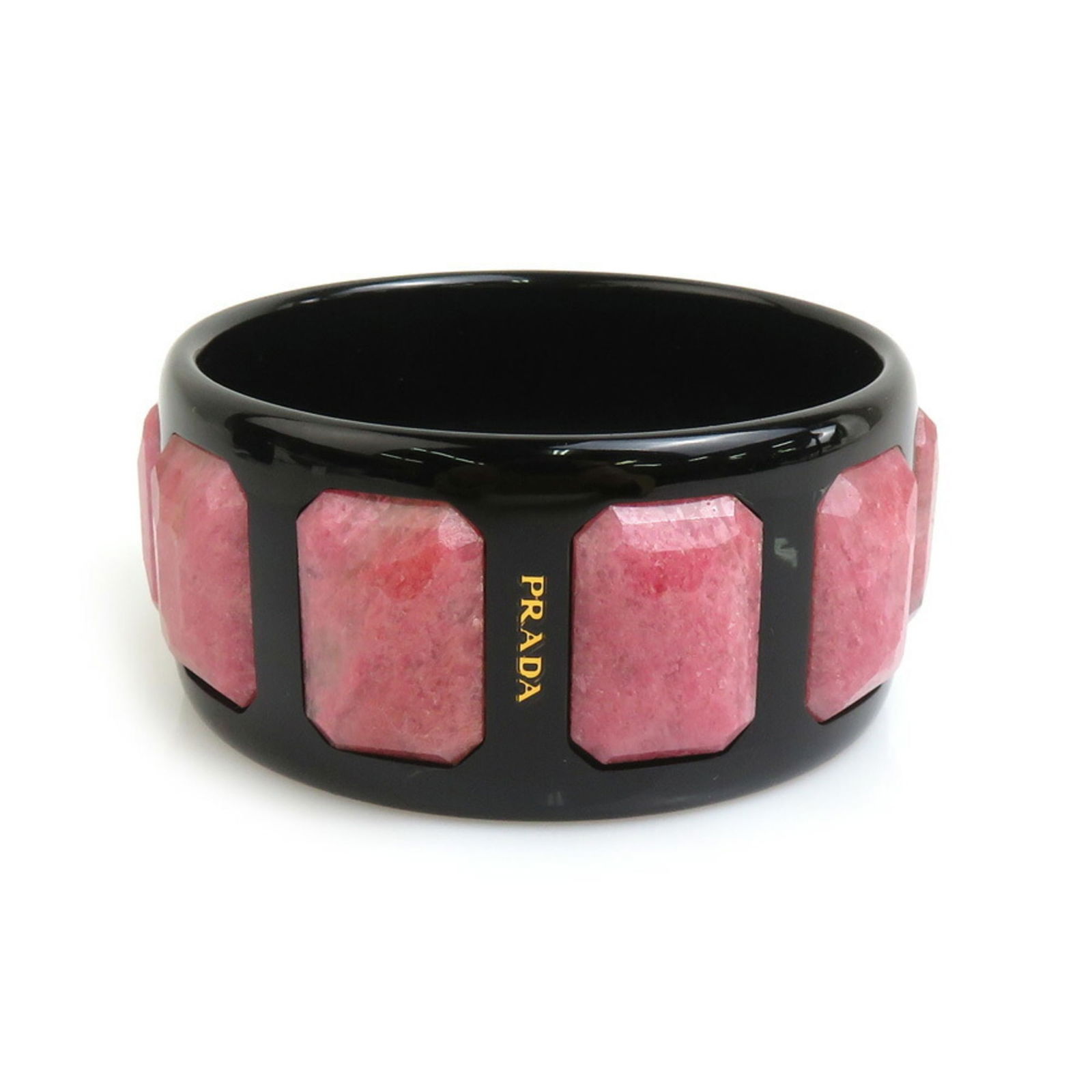 Prada Women's Black Plastic Bangle with Pink Stones 20.5cm: Prada Women's Black Plastic Bangle with Pink Stones 20.5cm Elevate your accessory collection with this striking Prada bangle. Designed specifically for women, this bangle features a sleek black plasti
