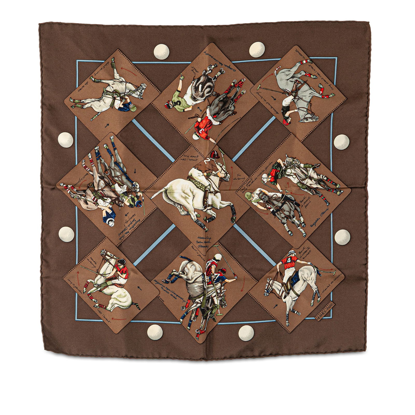 Hermes Le Monde du Polo Brown Silk Pocket Square Scarf: Hermes Le Monde du Polo Brown Silk Pocket Square Scarf Elevate your accessory collection with the Hermes Le Monde du Polo Pocket Square Silk Scarf. This luxurious scarf showcases a stunning print craf