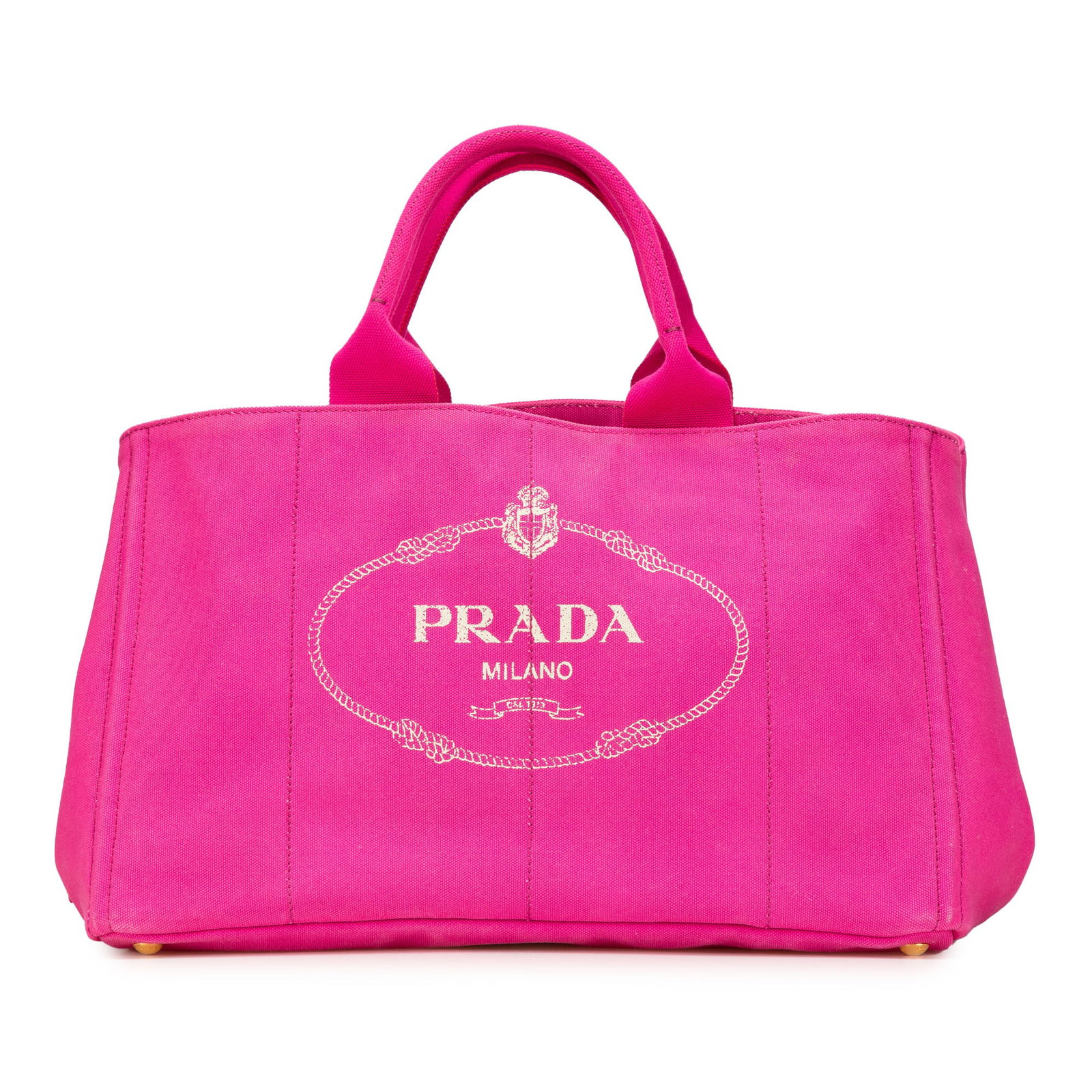 Prada Pink Large Canvas Canapa Logo Satchel Bag: Prada Pink Large Canvas Canapa Logo Satchel Bag This Prada Large Canvas Canapa Logo Satchel showcases a stylish canvas body with rolled top handles and an open top design, perfect for everyday use. Th