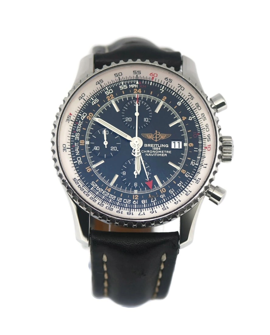 Breitling Navitimer World Chronograph Black Dial A24322 Stainless Steel Watch: Breitling Navitimer World Chronograph Black Dial A24322 Stainless Steel Watch Experience timeless elegance with the Breitling Navitimer World Chronograph, a sophisticated wristwatch crafted in stainle