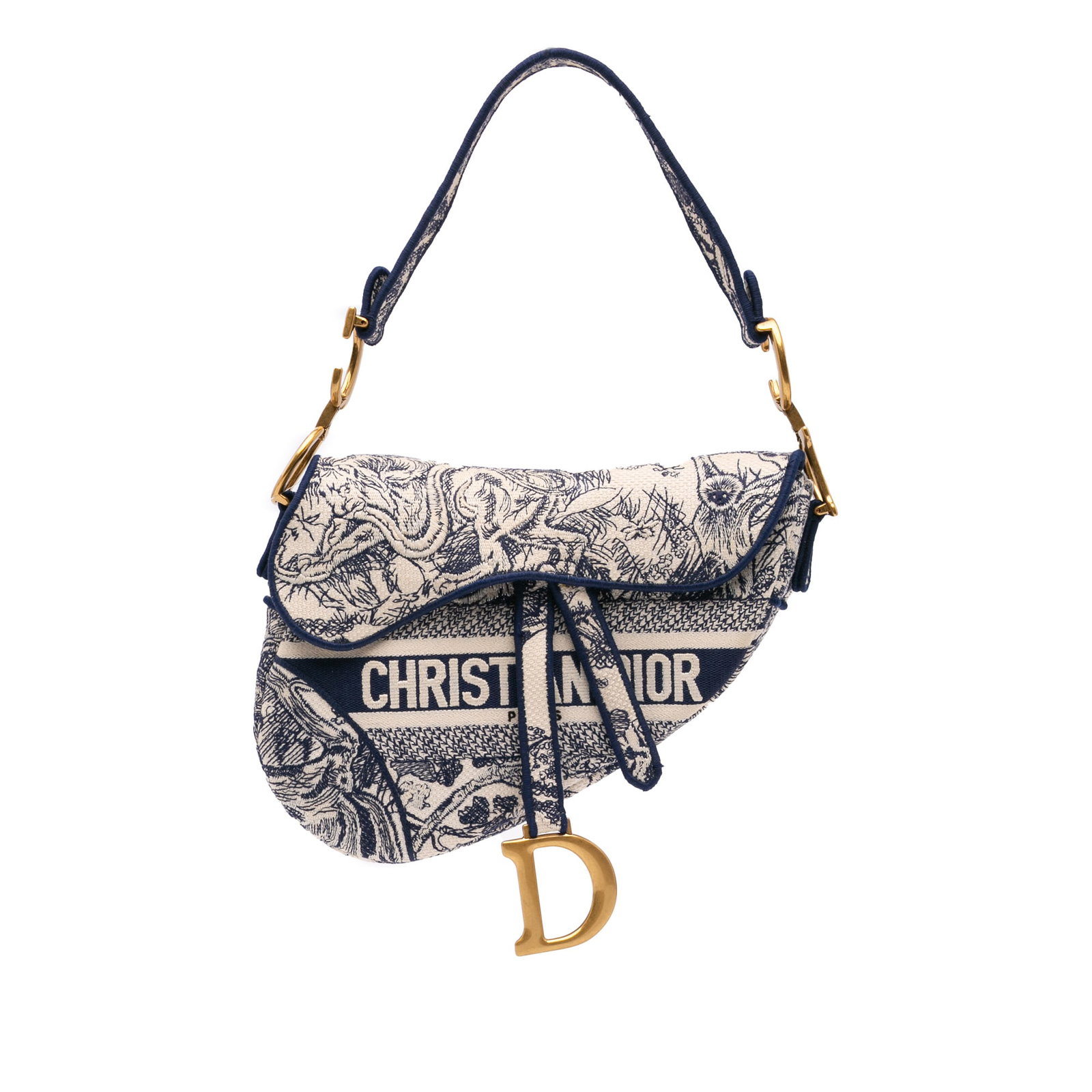 Dior Canvas Embroidered Toile de Jouy Saddle Bag Blue Fabric: Dior Canvas Embroidered Toile de Jouy Saddle Bag Blue Fabric This Dior Canvas Embroidered Toile de Jouy Saddle Bag showcases exquisite craftsmanship with its embroidered canvas body. It features a fla