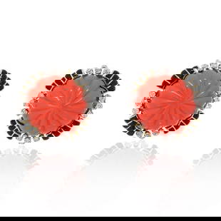 David Webb Platinum 18K Yellow Gold Coral Diamond Earrings: David Webb Platinum 18K Yellow Gold Coral Diamond Earrings Elevate your jewelry collection with these stunning David Webb Platinum and 18K Yellow Gold Carved Coral Bombe Diamond Earrings. Crafted with