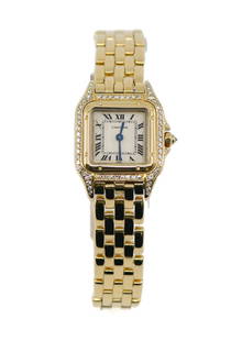 Cartier Panthere 18K Yellow Gold Diamond Watch with Box and Papers: Cartier Panthere 18K Yellow Gold Diamond Watch with Box and Papers This exquisite Cartier Panthere watch showcases a stunning blend of luxury and elegance. Featuring a 22 mm case crafted from 18K yell