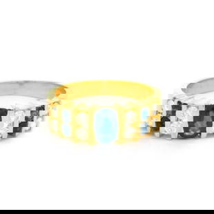 18k Yellow Gold Stack Band Ring with Diamonds and Blue Sapphires: 18k Yellow Gold Stack Band Ring with Diamonds and Blue Sapphires This stunning 18k yellow gold stack band ring features a beautiful alternating design with brilliant cut blue sapphires and sparkling d