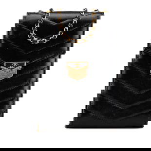 Chanel Calfskin CC Chevron Medal Clutch Black Leather Crossbody: Chanel Calfskin CC Chevron Medal Clutch Black Leather Crossbody This elegant Chanel Calfskin CC Chevron Medal Envelope Vertical Clutch is crafted from luxurious quilted calfskin leather in a timeless