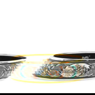 Hermes Wide Bird Feather Enamel Bangle 65 Green Gold Plated Bracelet: Hermes Wide Bird Feather Enamel Bangle 65 Green Gold Plated Bracelet This exquisite bracelet showcases a stunning feather print on enamel, complemented by a gold-plated metal body. The Wide Bird Feath
