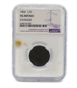 1804 1/2 Cent Coin NGC Certified VG Details Damaged: 1804 1/2 Cent Coin NGC Certified VG Details Damaged This listing features an 1804 1/2 Cent coin certified by NGC, exhibiting VG (Very Good) details and noted for being damaged. The coin is circulated