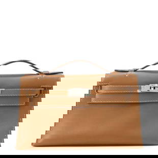 Hermes Kelly Pochette Handbag Gold Swift Leather Silver Hardware: Hermes Kelly Pochette Handbag Gold Swift Leather Silver Hardware This elegant Hermes Pochette Kelly handbag is crafted from high-quality Swift leather in a stunning gold color. It features a sophistic