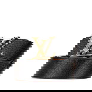 Louis Vuitton Black Leather Initiales Belt with Gold Plated Buckle: Louis Vuitton Black Leather Initiales Belt with Gold Plated Buckle Elevate your accessory collection with this Louis Vuitton Leather Initiales Belt, crafted from high-quality leather in a classic blac