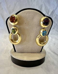 French 18K Yellow Gold Gemstone Earrings Amethyst Citrine Peridot Topaz: French 18K Yellow Gold Gemstone Earrings Amethyst Citrine Peridot Topaz This exquisite pair of French earrings showcases a stunning arrangement of gemstones including peridot, citrine, amethyst, and b