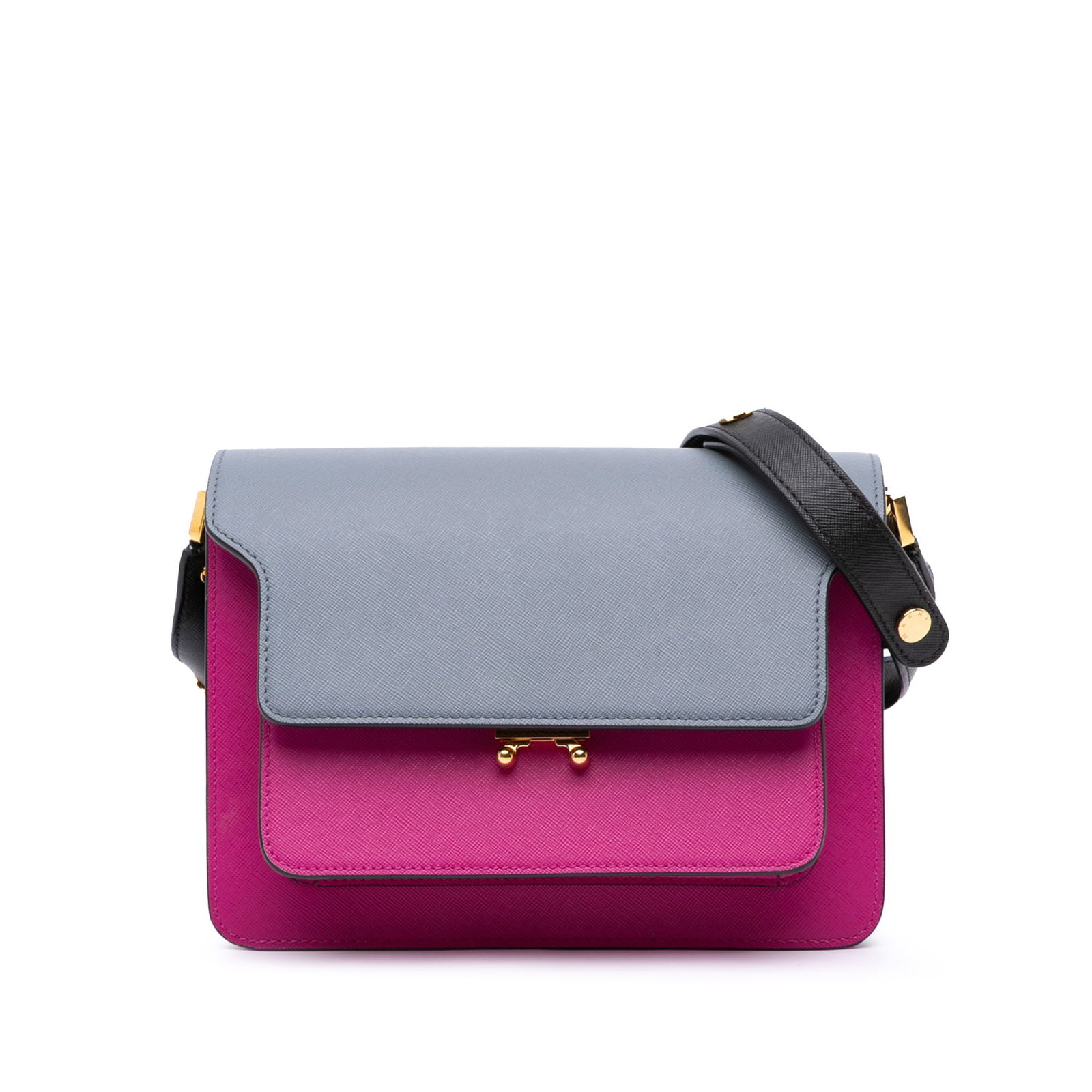 Marni Tricolor Leather Trunk Crossbody Bag in Pink: Marni Tricolor Leather Trunk Crossbody Bag in Pink The Marni Tricolor Leather Trunk Crossbody is a stylish accessory showcasing a vibrant tricolor leather design. It features an adjustable flat leathe