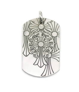 Chrome Hearts 925 Sterling Silver Dog Tag Pendant Authentic 52mm x 31mm: Chrome Hearts 925 Sterling Silver Dog Tag Pendant Authentic 52mm x 31mm This Chrome Hearts dog tag pendant showcases a striking design crafted from high-quality sterling silver with a metal purity of